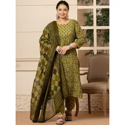 Yufta Women Ethnic Motifs Embroidered Regular Kantha Work Pure Cotton Kurta with Trousers & With Dupatta-image-42