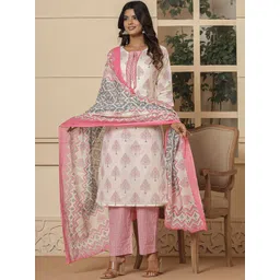 Yufta Women Ethnic Motifs Embroidered Regular Sequinned Pure Cotton Kurta with Trousers & With Dupatta-image-4