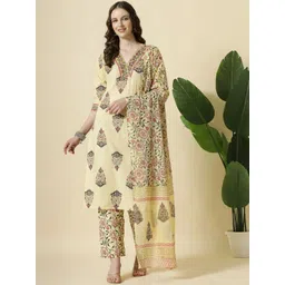 Yufta Women Ethnic Motifs Embroidered Regular Sequinned Pure Cotton Kurta with Trousers & With Dupatta-image-5