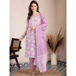 Yufta Women Ethnic Motifs Embroidered Regular Thread Work Pure Cotton Kurta with Trousers & With Dupatta-image-38