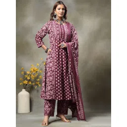Yufta Women Ethnic Motifs Print Sequinned Pure Cotton Kurta with Trousers & Dupatta-picture-29