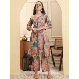 Yufta Women Ethnic Motifs Printed Linen A-Line Kurta with Trousers-image-14