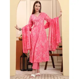 Yufta Women Ethnic Motifs Printed Pure Cotton Anarkali Kurta with Trouser & Dupatta-image-8