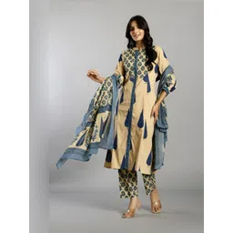 Yufta Women Ethnic Motifs Printed Regular Pure Cotton Kurta with Trousers & Dupatta-image-2