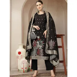 Yufta Women Ethnic Motifs Regular Chanderi Silk Kurta with Trousers & With Dupatta-image-1