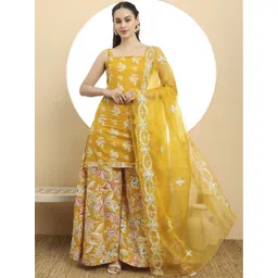 Yufta Women Floral Embroidered Regular Gotta Patti Pure Cotton Kurta with Palazzos & With Dupatta-picture-22