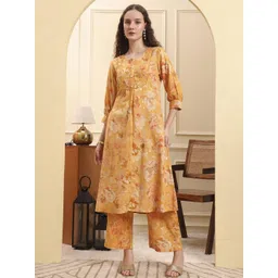 Yufta Women Floral Printed Linen A-Line Kurta with Trousers-picture-13