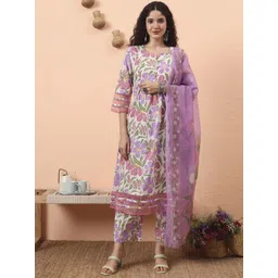 Yufta Women Floral Printed Pure Cotton Notch Neck A-Line Kurta With Trousers & Dupatta-image-27