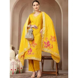 Yufta Women Floral Printed Regular Chanderi Silk Kurta with Trousers & With Dupatta-picture-22