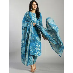 Yufta Women Floral Printed Regular Kantha Work Pure Cotton Kurta with Trousers & With Dupatta-image-31