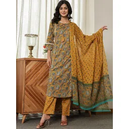 Yufta Women Floral Printed Regular Pure Cotton Kurta with Trousers & With Dupatta-picture-16