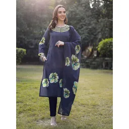 Yufta Women Floral Regular Thread Work Pure Cotton Kurta with Trousers & With Dupatta-picture-13