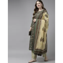 Yufta Women Green & Beige Floral Printed Pure Cotton Kurta with Palazzos & With Dupatta-image-34