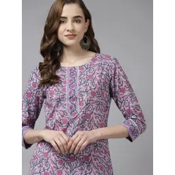 Yufta Women Lavender & Green Pure Cotton Floral Print Kurta-picture-12
