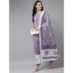 Yufta Women Lavender & White Ethnic Motifs Printed Kurta with Trousers & Dupatta-image-19