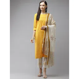 Yufta Women Mustard Yellow Ethnic Motifs Printed Regular Pure Cotton Kurta with Trousers & With Dupatta-image-47