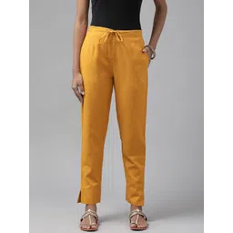 Yufta Women Mustard Yellow Slim Fit Pure Cotton Trousers-picture-21