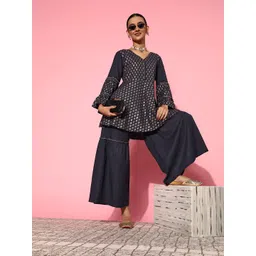 Yufta Women Navy Blue & Golden Printed Peplum Kurta & Sharara Set-picture-27