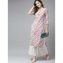 Yufta Women Off White & Pink Pure Cotton Floral Print Kurta-image-28