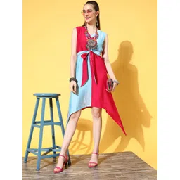 Yufta Women Pink & Blue Colourblocked Midi Fit & Flare Dress-image-35