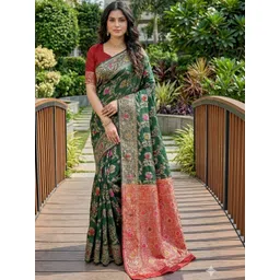YUGAVEERAA Ethnic Motifs Zari Silk Blend Heavy Work Banarasi Saree-picture-17