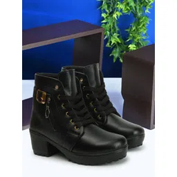 yuggi Women’s Grey Lace-Up Boots with Zip & Buckle Detail and Block Heel Boots For Women-picture-24