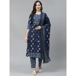 Yuris Women Navy Blue & Off-White Pure Cotton Printed Kurta with Palazzos & Dupatta-picture-19