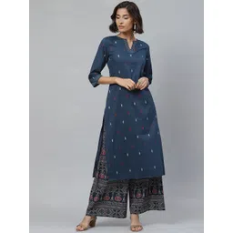 Yuris Women Navy Blue & White Ethnic Motifs Print Kurta with Palazzos-picture-18