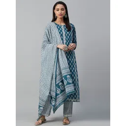 Yuris Women Navy Blue & White Printed Pure Cotton Kurta with Palazzos & Dupatta-picture-34