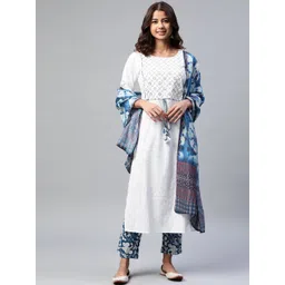 Yuris Women White Yoke Design Mirror Work Pure Cotton Kurta with Trousers & Dupatta-picture-41