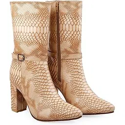 yuvrato baxi Women 3.5 Inch Block Heel Height Snakeskin Print Mid-Calf Boot And Casual High Ankle Boot-picture-11