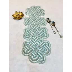 YWULY Blue & White Floral Beads Embellished Abstract Shape Table Runner-picture-17