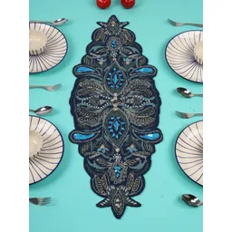 YWULY Navy Blue & White Embroidered Beaded Dining TableRunner-picture-37