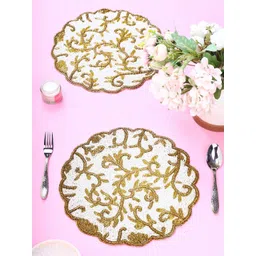 YWULY White & Beige 2 Pieces Embellished Dining Table Beaded Placemats-picture-29