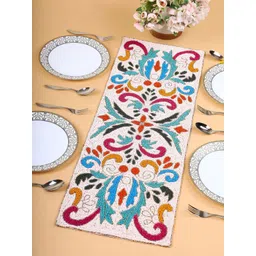 YWULY White & Turquoise Blue Embroidered Beaded Dining TableRunner-picture-28