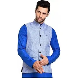 zacharias Men's Khadi Cotton Linen Nehru/Modi Waistcoat Jacket for Occasion kj-01 (Blue_Pack of 1)-picture-44