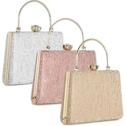 zaib Bridal Clutch for Women – Elegant Evening Purse, Wedding Accessories, Satin Shoulder Bag for Brides, Bridesmaids, Formal Occasions, Prom, and Cocktail Parties (Combo - Silver, Pink & Golden)-picture-19