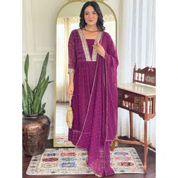 ZAIERRA Floral Embroidered Square Neck Sequinned Georgette Kurta With Trousers & Dupatta-picture-15