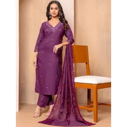 ZAIERRA Women Ethnic Motifs Embroidered Regular Thread Work Chanderi Silk Kurta with Trousers & With Dupatta-picture-21