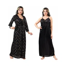 Zairra Women Black Heart Printed Maxi Viscose Rayon Nightdress With Printed Robe-picture-15