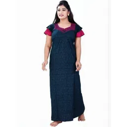 Zairra Women Blue Cotton Blend Printed Maxi Nightdress With Layer Shoryt sleeves-picture-22