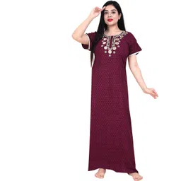 Zairra Women Maroon Embroidered Viscose Rayon Maxi Nightdress-picture-7