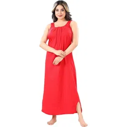 Zairra Women Red Cotton Blend Printed Sleeveless Maxi Nightdress-picture-3