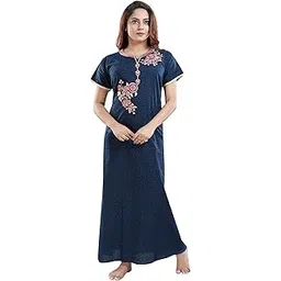 zairra Women's Cotton Comfortable and Embroidery Printed Full-Length Maxi Sleepwear Nighty (ZRN0027, Navy Blue, Free Size)-picture-12