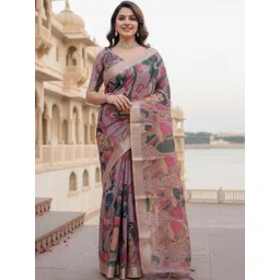 ZAMUNA Floral Linen Blend Bhagalpuri Saree-picture-22