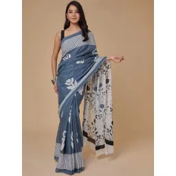 Zari Jaipur Blue Cotton Printed Saree With Unstitched Blouse-picture-14