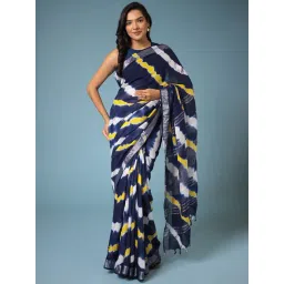 Zari Jaipur Blue Linen Printed Saree With Unstitched Blouse-picture-37