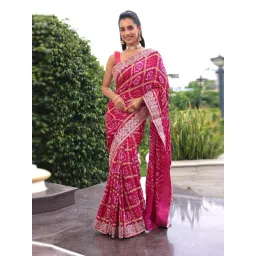 Zari Jaipur Pink Gajji Silk Bandhej Embroidered Saree With Unstitched Blouse Piece-picture-34