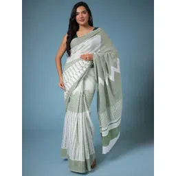 Zari Jaipur White & Green Cotton Printed Saree With Unstitched Blouse-picture-40