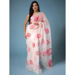 Zari Jaipur White & Pink Printed Saree With Unstitched Blouse-picture-23